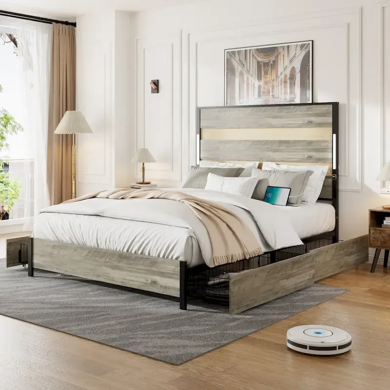 Queen Size Platform Bed with LED Headboard, USB Charging and 4 Storage Drawers, Antique Gray