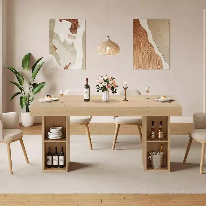 63-Inch Rectangular Dining Table for 6, Wood Construction, Double Pedestal Base with Dual-Sided Storage, Expansive Surface, Reinforced Frame