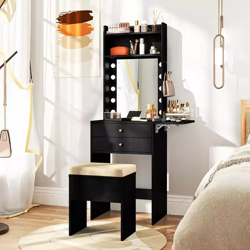Costway Vanity Desk Set w/ Mirror and Lights 3-Color Lighted Mirror Cushioned Stool Black