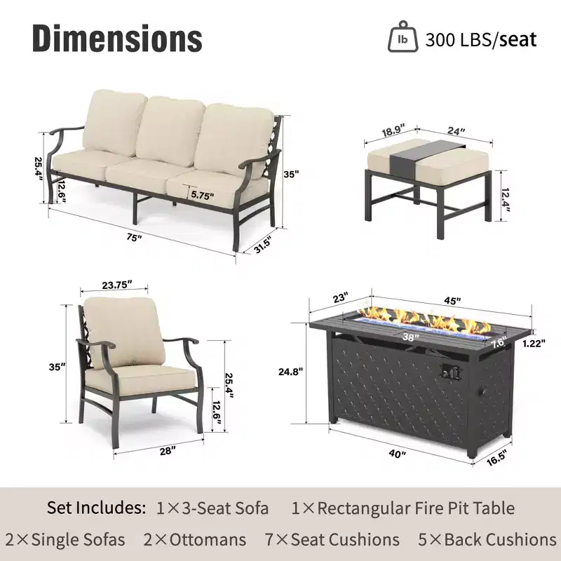 Captiva Designs 6pc Metal Patio Outdoor Conversation Fire Pit Set with Grid-back Armchairs and Ottomans for Garden, Poolside, Backyard