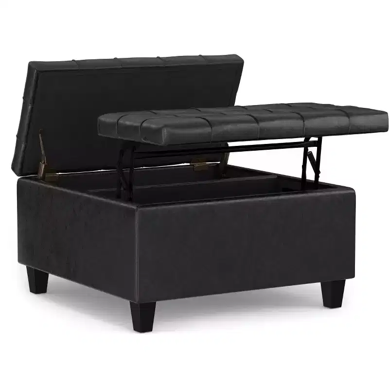 Elliot 30 inch Wide Transitional Small Square Coffee Table Storage Ottoman in Vegan Leather