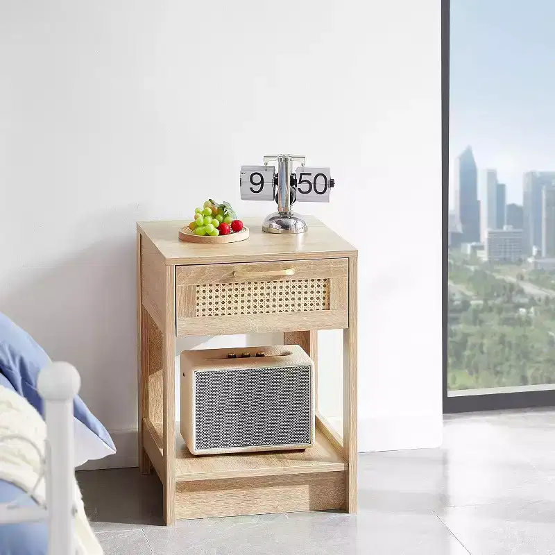 Rattan Nightstand with Lift-Top and Open Storage, Mid Century Modern End Table with Retro Handle for Bedroom and Living Room