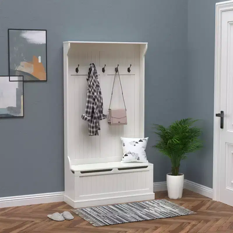 Okak 38IN Entryway Hall Tree with 5 Metal Hooks, Coat Tree with Shoe Storage and Top Door, Freestanding Coat Rack for Living Room, Entryway, Cream