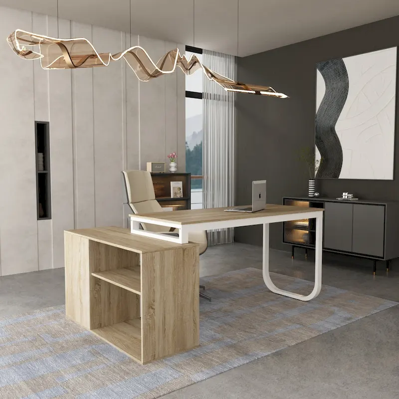 Wood L-Shaped Corner Desk with Drawer & Shelf – 1-Person