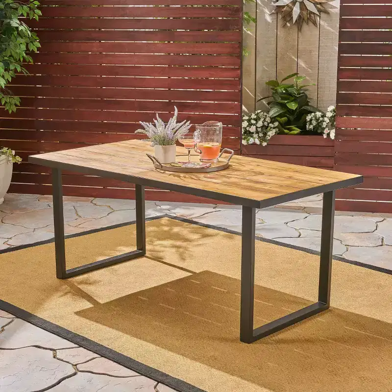 Okak Farmhouse Outdoor Dining Table with Acacia Wood Top, Patio Dining Table with Loop Metal Legs, Outdoor Table for Garden, Teak+Black