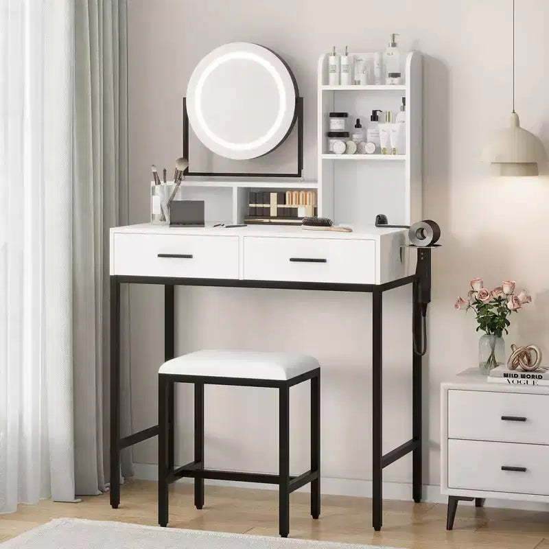 Modern Makeup Vanity Desk with Adjustable Rotating Mirror -Lights, Power Outlet - 2 Drawers, Storage Shelves & Stool - Bedroom Dressing Table