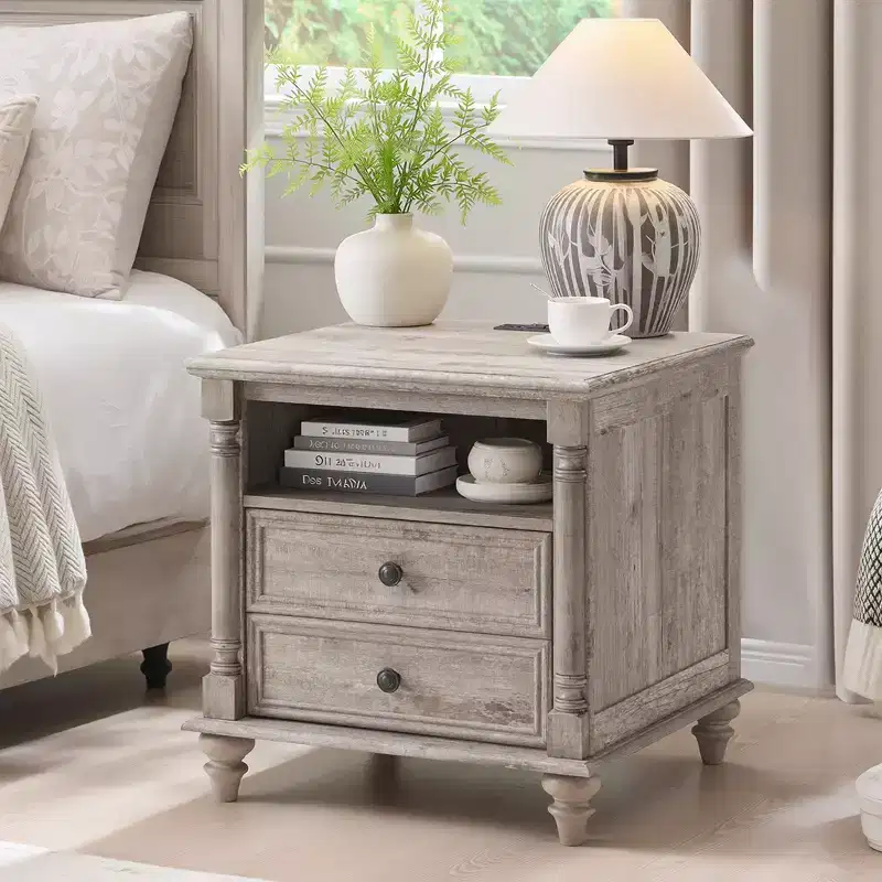 24 Farmhouse Night Stand with Charging Station, Square NightStand End Table Side Table with 2 Drawers for Living Room