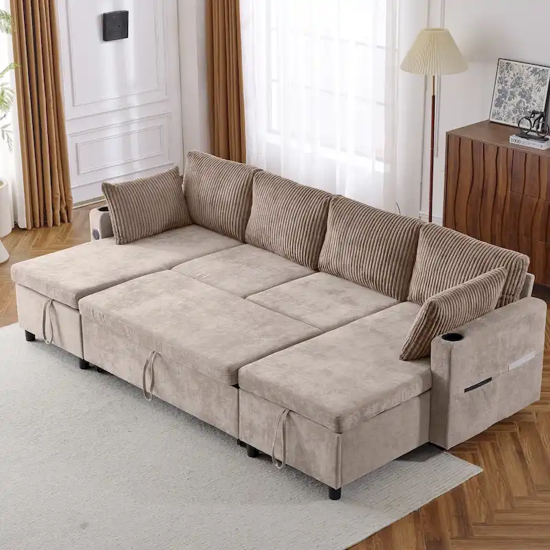 Sectional Sofa Pull-out Sofa Bed with Large Storage Space, 2 USB Ports and 2 Cup Holders Chenille Tufted Couch