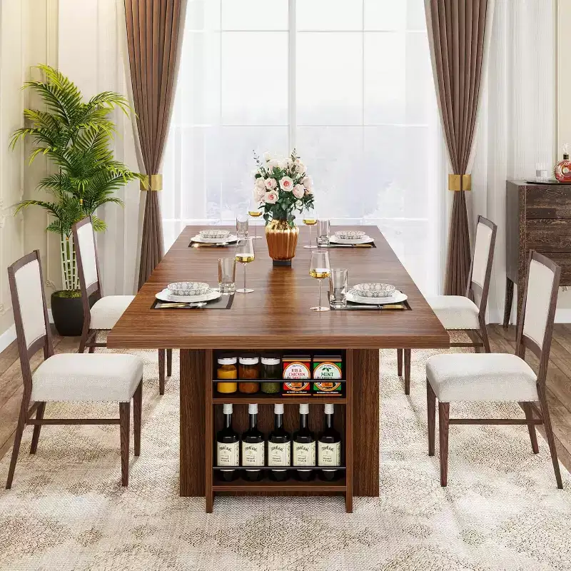 63" Farmhouse Rectangular Dining Table for 4-6, Brown, MDF with Storage