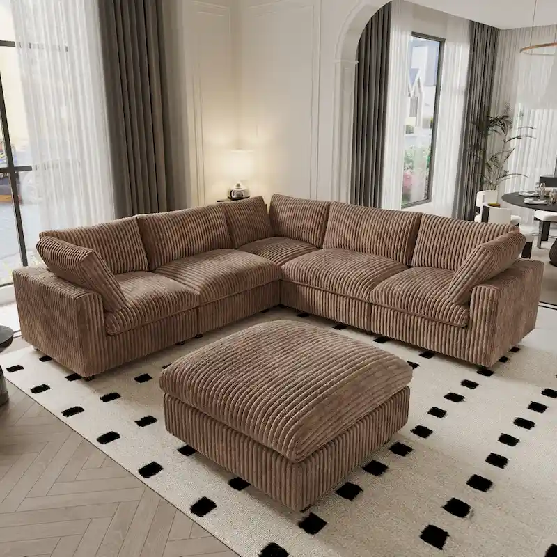 Modular Sectional Couch, Convertible V Shaped Sofa for Living Room, 5 Seat Comfy Modular Sofa With Chaise Ottoman