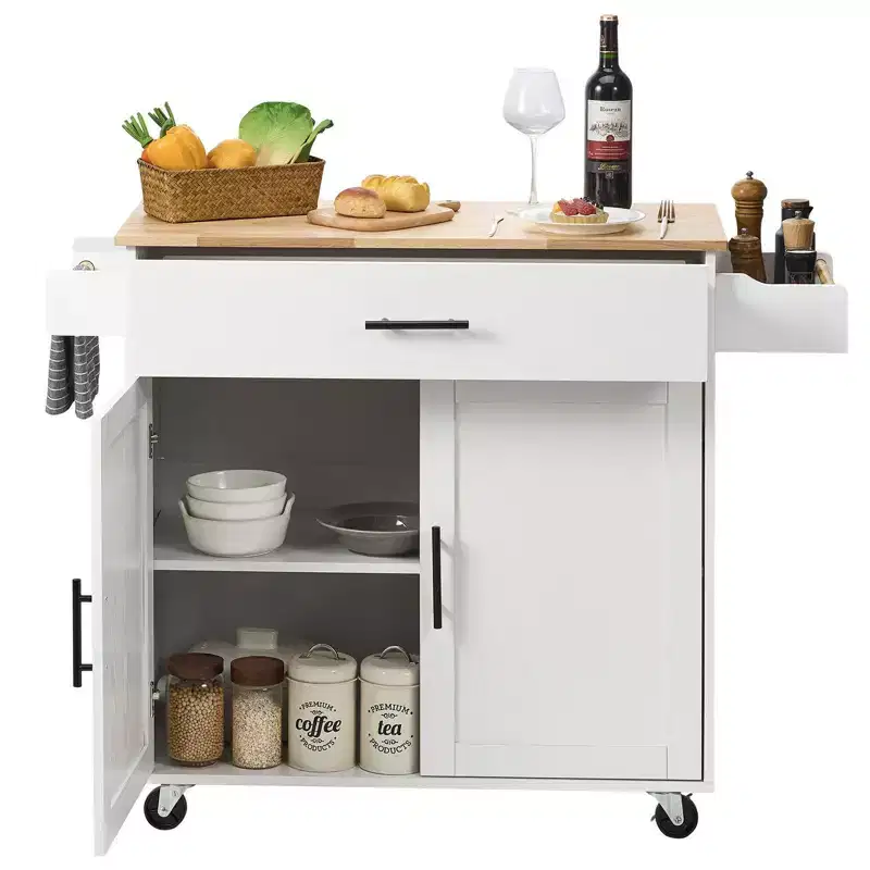 Okak Kitchen Island with Solid Wood Top, Kitchen Cart with Storage Cabinet, Drop Leaf and Drawer, Countertop Organizer for Kitchen, White