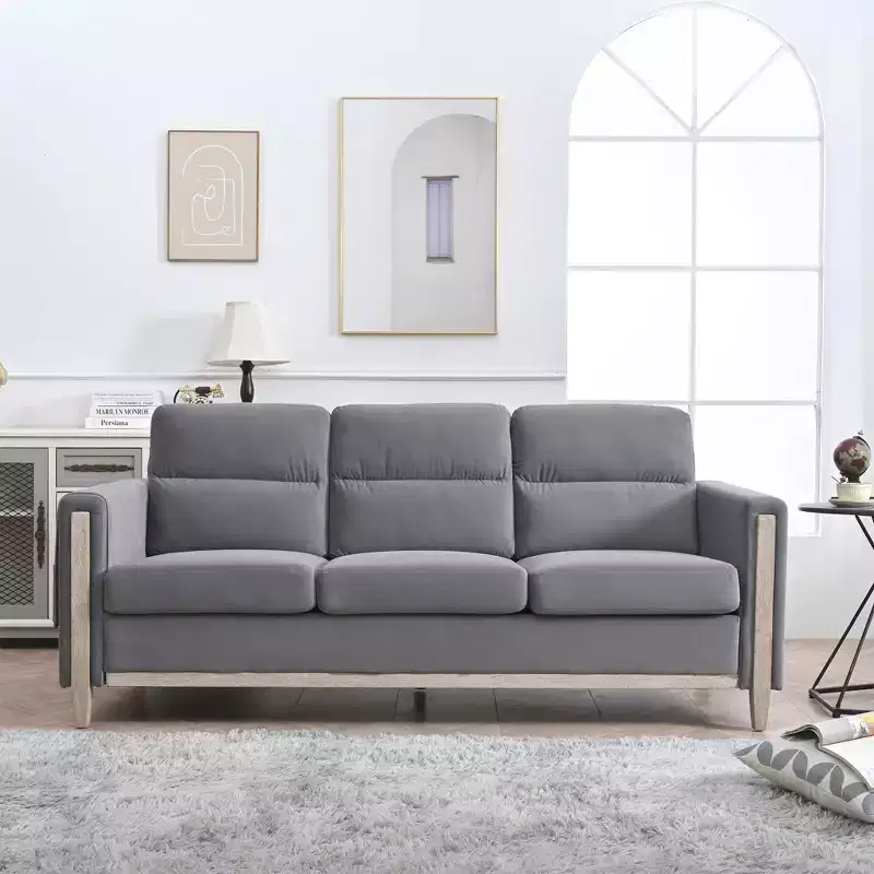 Modern Upholstered Sofa, 3-Seater Sofa with Side Pocket Wood Frame Mid-Century Modern Upholstered Loveseat for Living Room Bedroom Office Gray