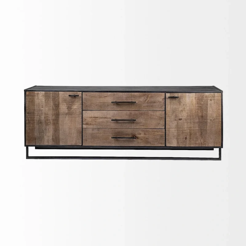 Brown Solid Wood Black Metal Frame 3 Drawer 2 Cabinet Door Sideboard