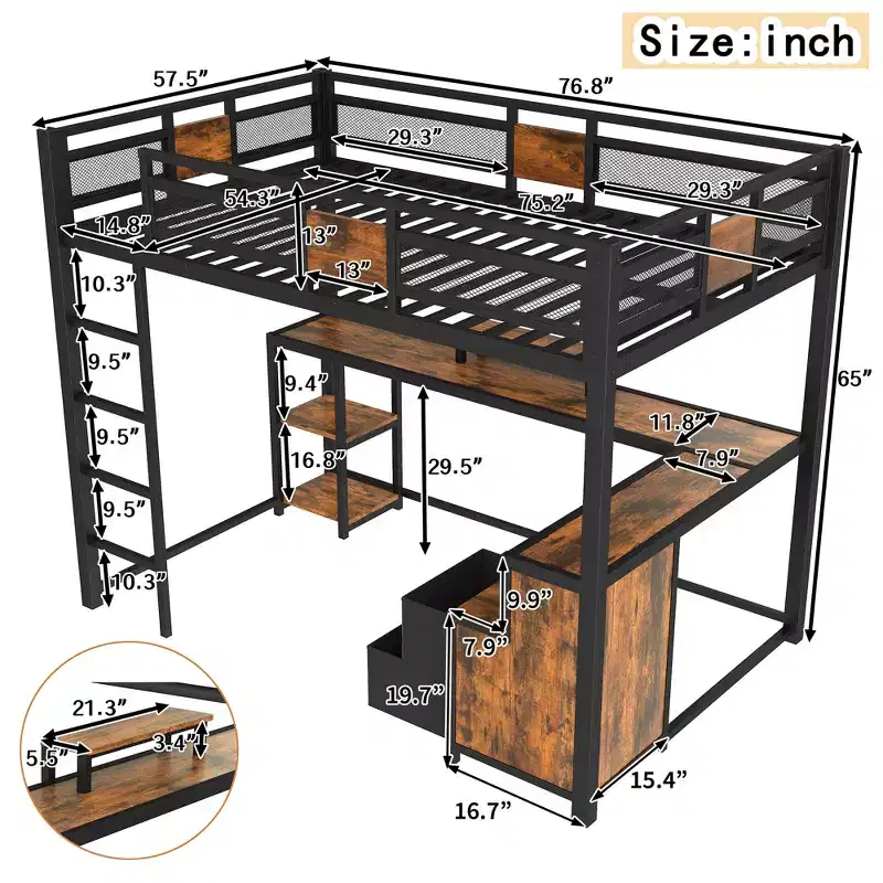 Bellemave Full Loft Bed with Desk and Storage Non-woven Fabric Drawers, Metal Loft Bed Frame with Ladders, No Spring Box Needed,Black