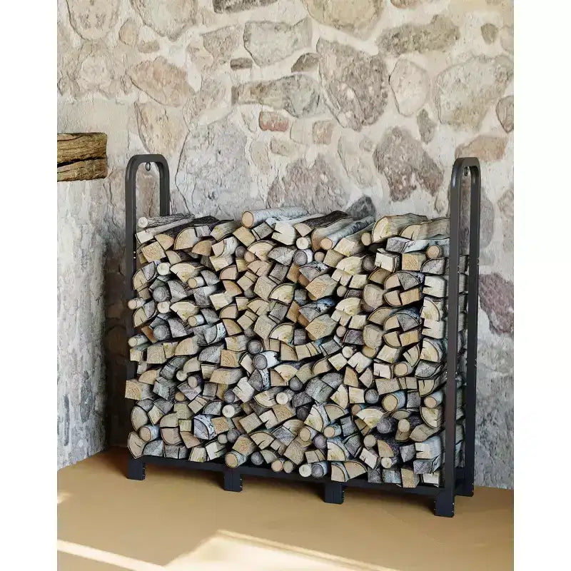 Firewood Rack Stand 4ft, Steel Log Holder, Wood Pile Storage Organizer for Fireplace Fire Pit, Heavy Duty