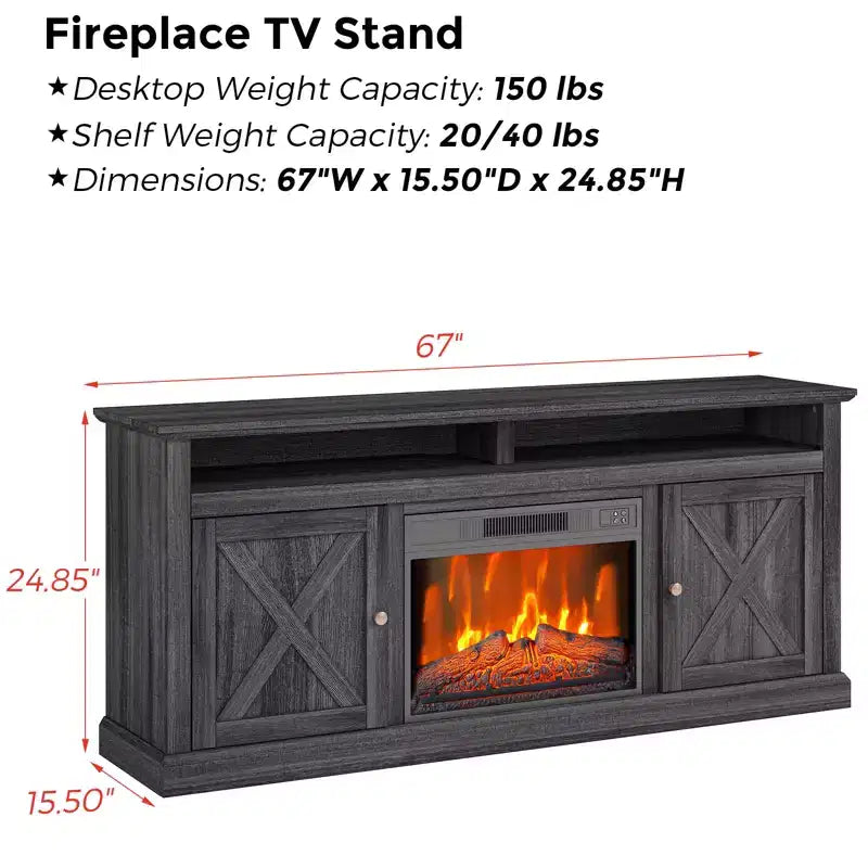 CuisinSmart 67in Farmhouse TV Stand with 23in Electric Fireplace Heater, Black Media Console with 2 Cabinets & Open Shelves for Living Room