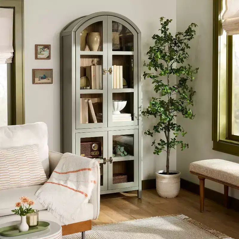 Grooved Wood with Glass 4 Door Arch Cabinet Sage Green - Hearth & Hand鈩?with Magnolia