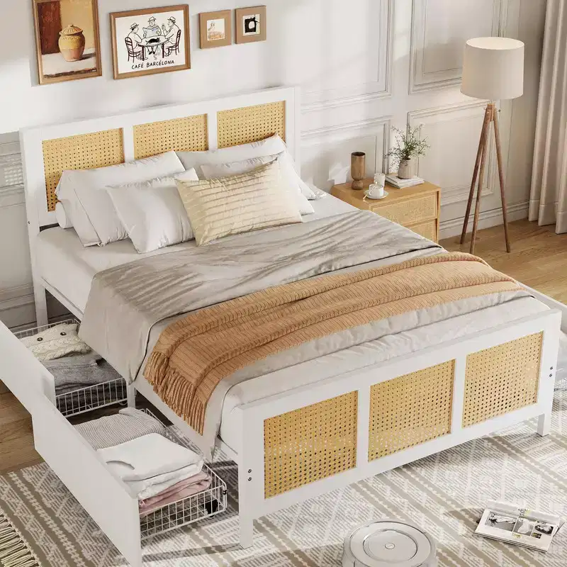Bohemian Rattan Bed Frame with Headboard