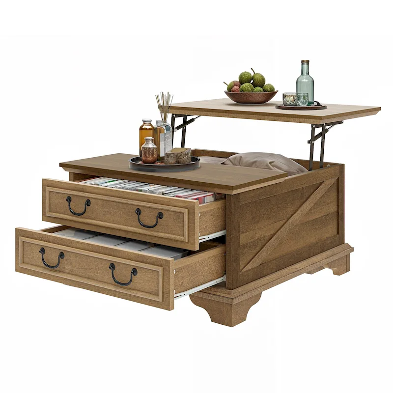Moasis Farmhouse Lift Top Coffee Table Square Wood Center Table with Storage and 2 Drawers
