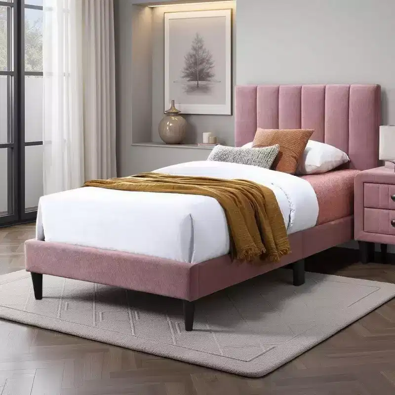 Royal Hampton Twin Size Bed, Blush Pink Linen Upholstery, Channel Tufted