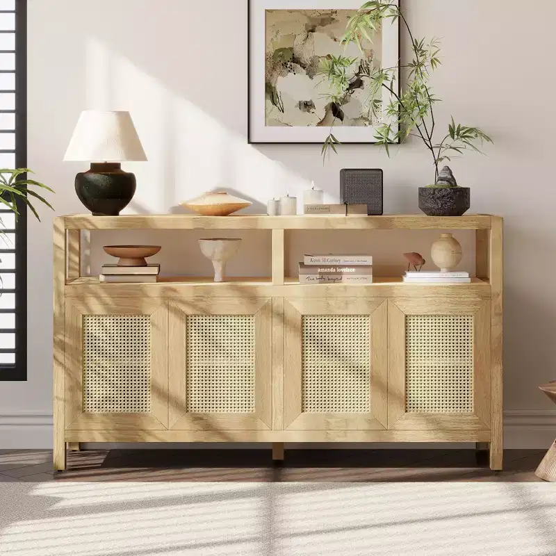 JVNOXK Bohemian-style rattan sideboard with adjustable shelves and solid wood frame, press-to-open design. Ideal for living rooms. Natural color.