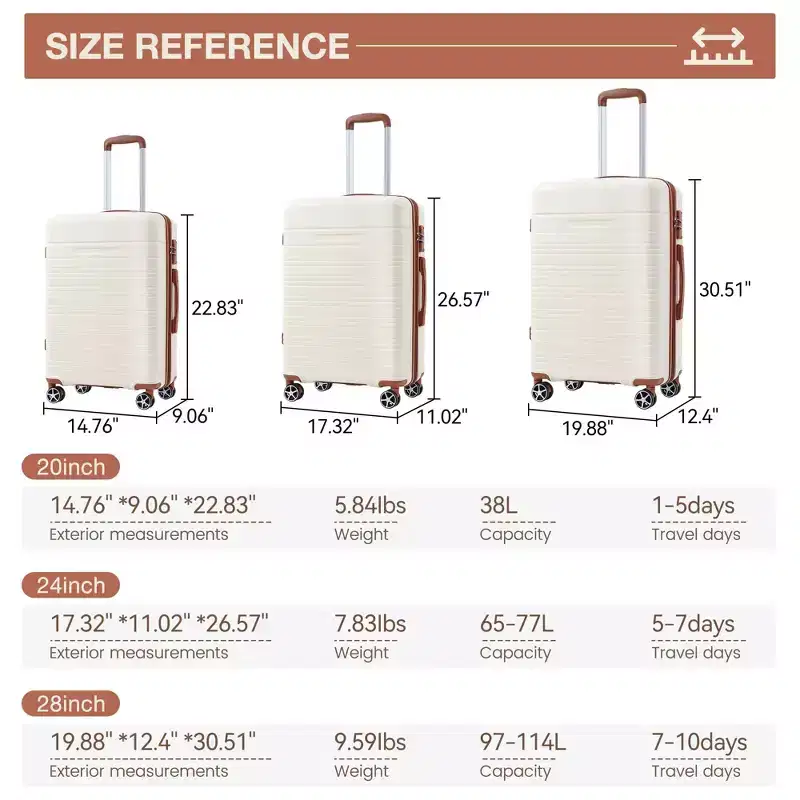 Luggage Expandable Suitcase 3 Piece Set, Luggage Set of 3 Piece Suitcase with Spinner Wheels, Hardshell Luggage 3 Piece Set White and brown