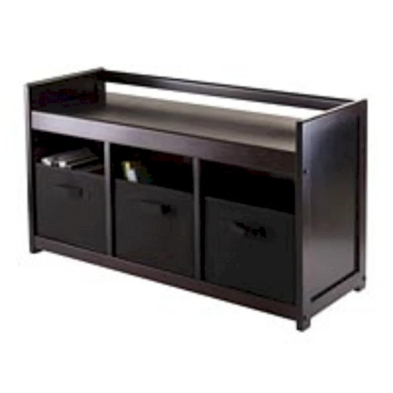 Wood Storage Bench with 3 Foldable Canvas Baskets