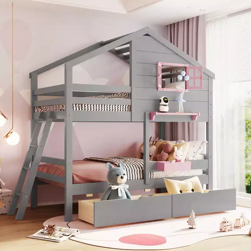 Whisen Twin over Twin Bunk Bed with 2 Drawers, Playhouse-inspired Style