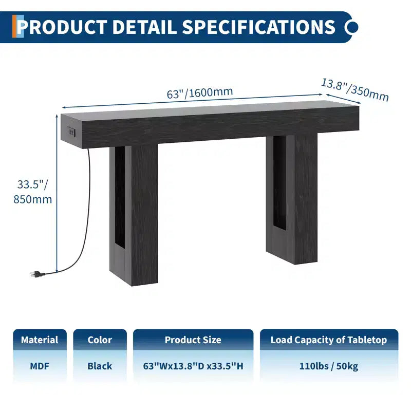Sofa Console Table with Power Outlet, USB & Type-C Charging Ports, Extra Long Narrow Table for Entryway Hallway & Living Room