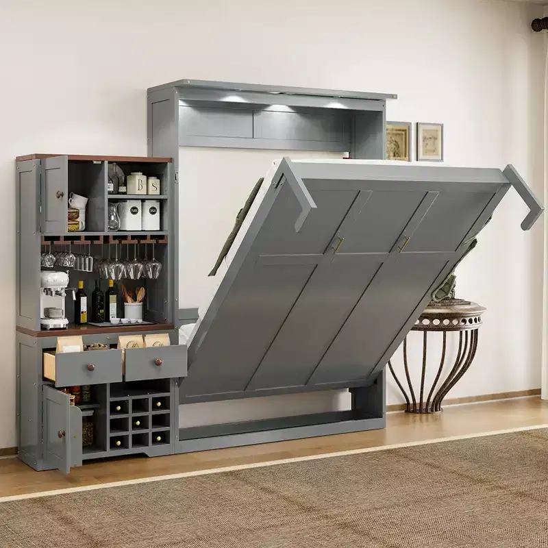 GDF Studio Larson Murphy Bed with Storage Cabinet, Wine Rack, Drawers and Multi-Color LED Strip
