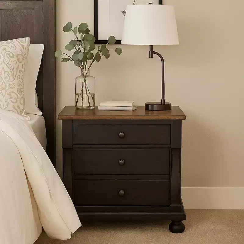 Nightstand with 2 USB Ports, 3 Drawers, Black Rustic Oak Brown