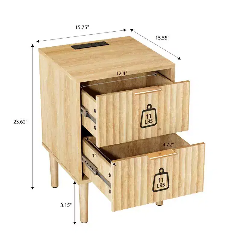 Oak Beige Nightstand with 2 Drawers & USB Ports, 1-Person