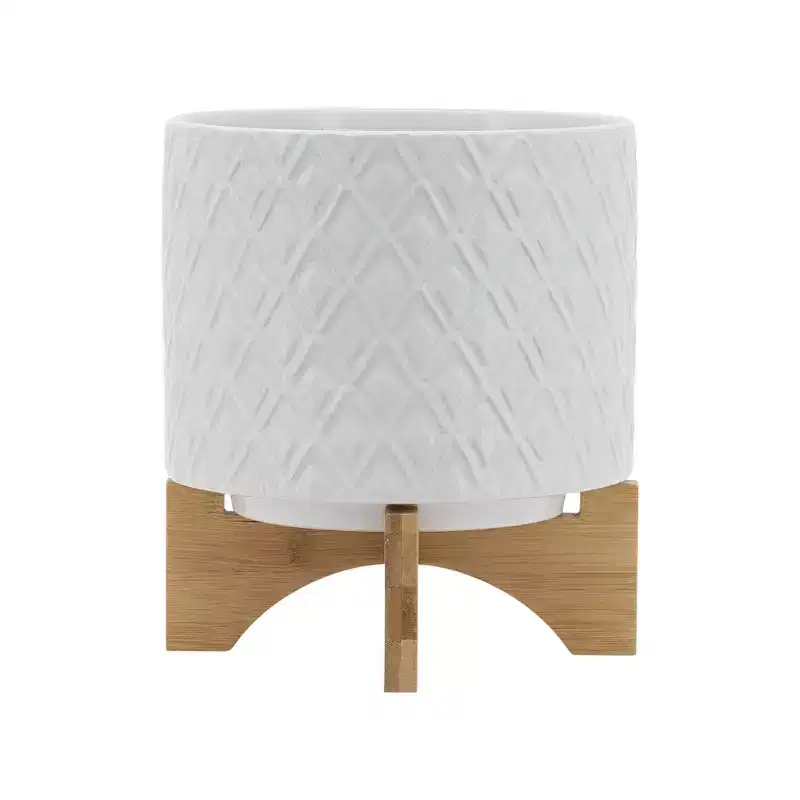 Okak Modern 8IN Flower Pots with Diamond Shape Carving, Succulent Pots with Cross Wooden Stand, Outdoor Planter for Tabletop and Window, White