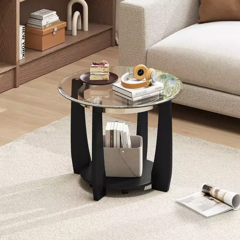 Costway 32 2-Tier Glass Coffee Table with Tempered Glass Top Bottom Storage Shelf & Wheels Transparent & Walnut/Black
