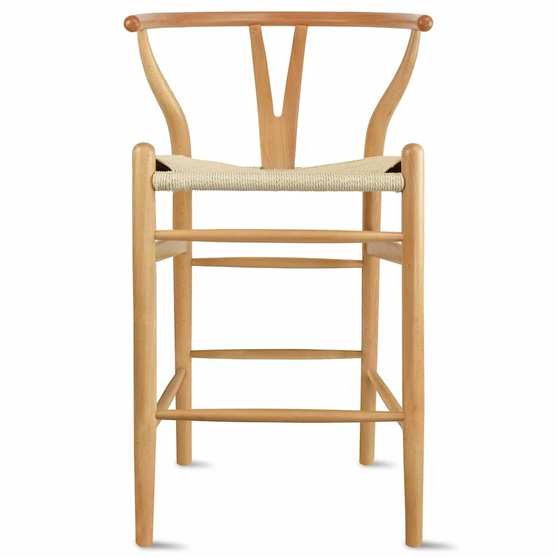 Solid Wood Countertop Height Barstool with Open Y Back, Farmhouse Woven Seat