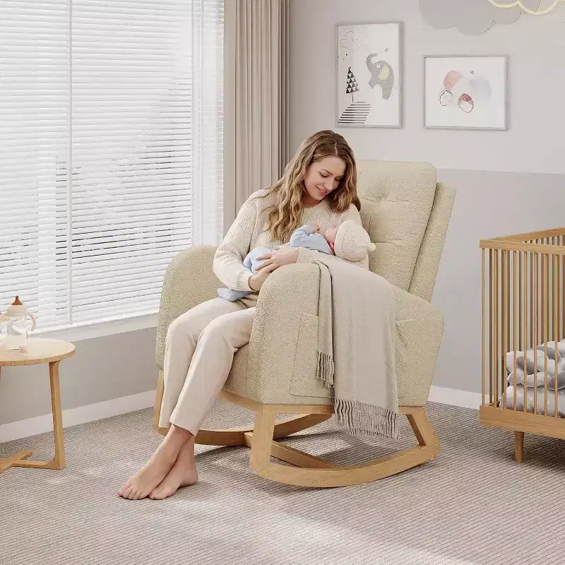 Cozy High-Back Nursery Rocking Chair with Footrest, Upholstered Glider Armchair for Living Room in Teddy, Linen or PU