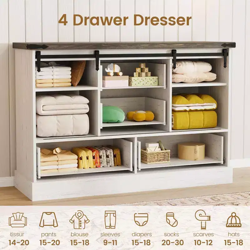 4-Drawer Dresser with Sliding Barn Doors 鈥?45.1Wx15.7Dx31.8H, MDF