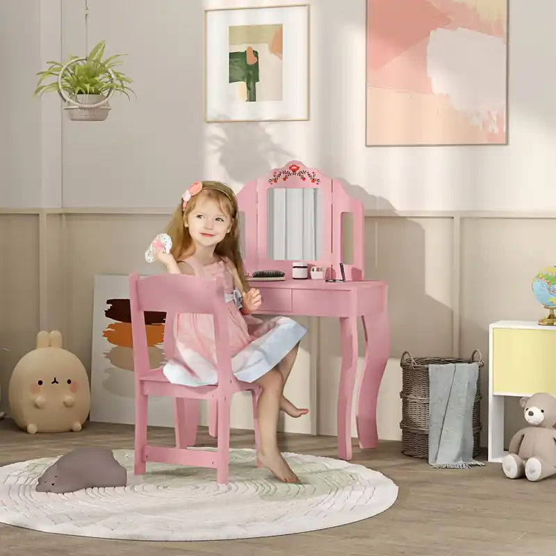 Kids Dual-use Dressing Table with Removable Mirror, Makeup Table with Chair and Drawer, for Ages 3-8