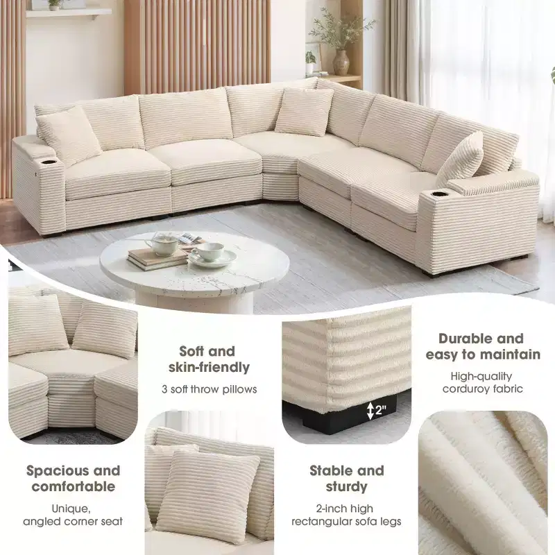 106 Convertible L Shaped Sectional Sofa Corduroy Corner Couch with Armrest Storage Cup Holders USB Charger Oversized Comfy Modular Sofa