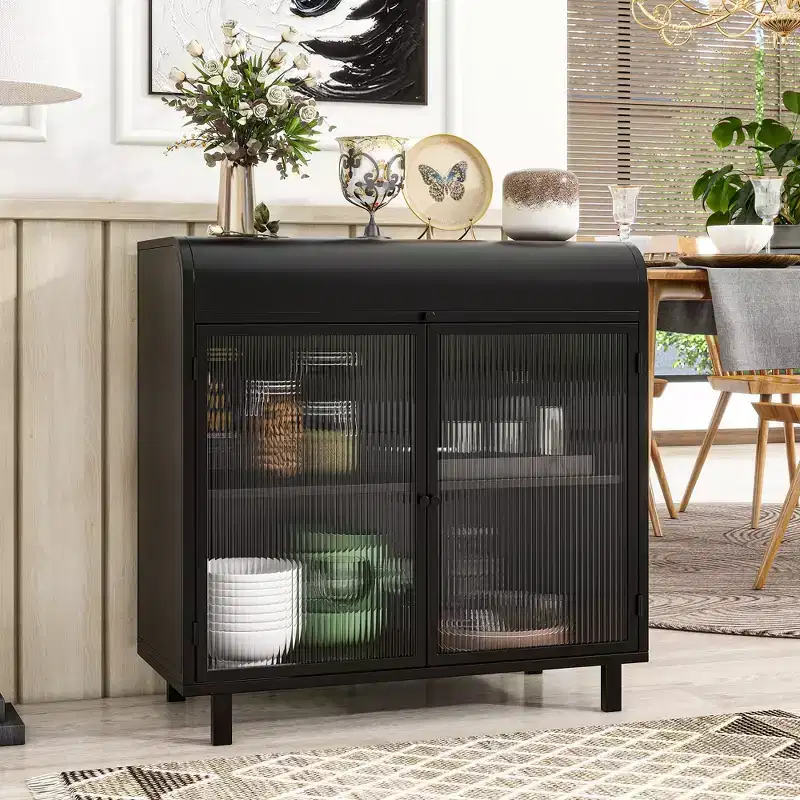Modern Sideboard Buffet Cabinet with Tempered Glass Doors & Flip Top