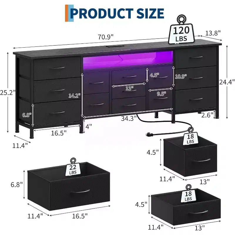 Black/Brown/White 13-Drawer Dresser & TV Stand, Fabric Storage, Fits up to 80 TV, 1-Person Assembly