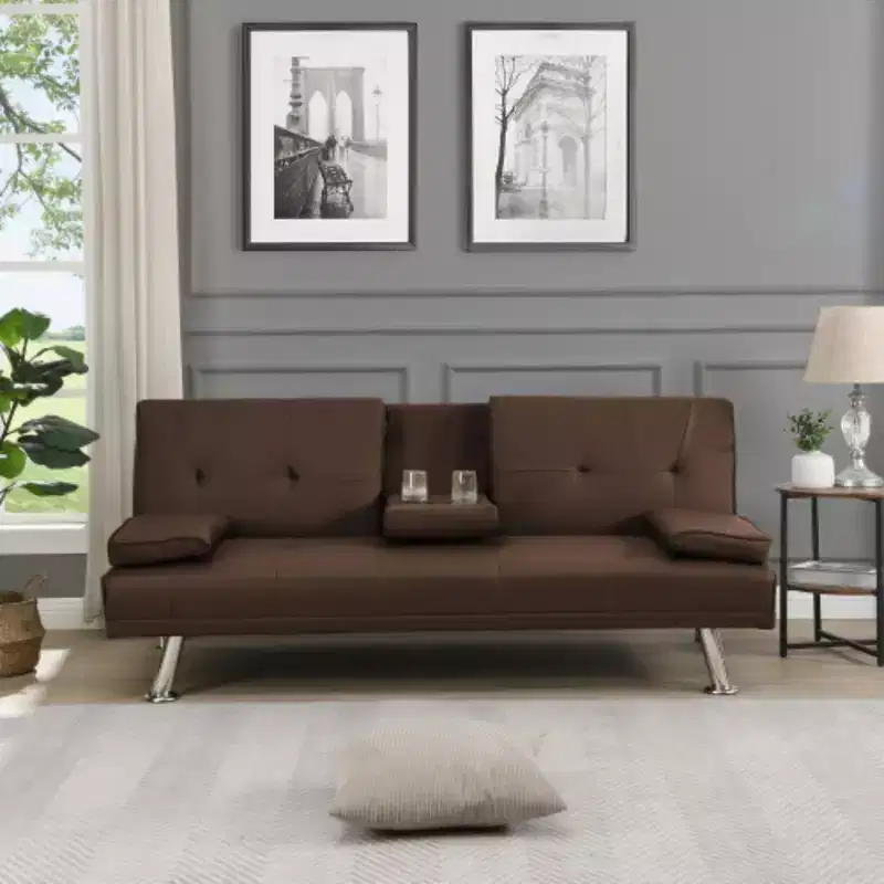 Sofa Bed with Armrest, Wood Frame, Two Holders, Stainless Steel Legs