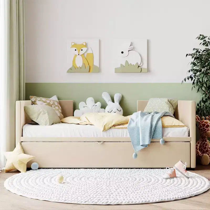 Upholstered Daybed with Pop up Trundle, Wooden Twin Daybed Frame with Extendable Trundle, Tufted Sofa Bed Daybed