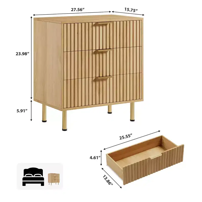 COZONY Natural 3 Drawer Dresser, Fluted Modern Nightstand with Deep Drawers & Wide Top