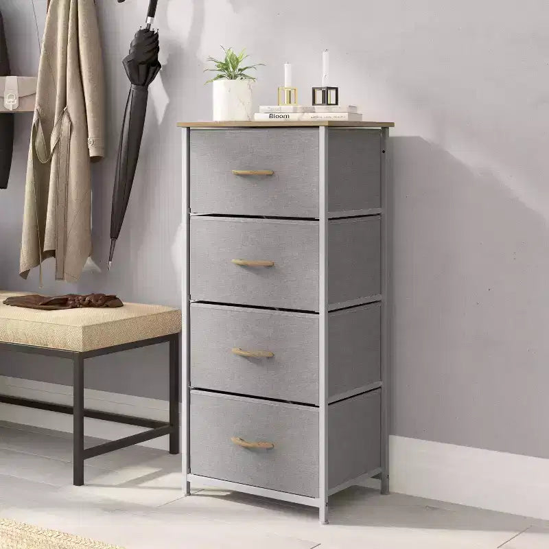 4 Drawer Storage Dresser with Cast Iron Frame, Wood Top and Easy Pull Fabric Drawers with Wooden Handles