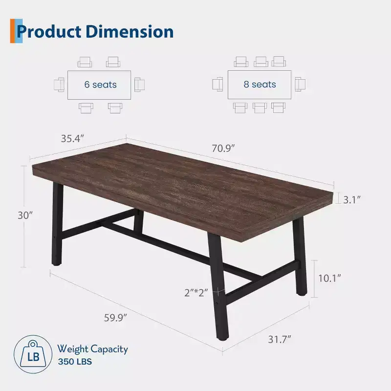 Industrial Dining Table for 4-6 People,70.8 Long Wooden Kitchen Table with Sturdy Metal Frame & Black Finish - Seats 4 Rectangular Counter for Dinner