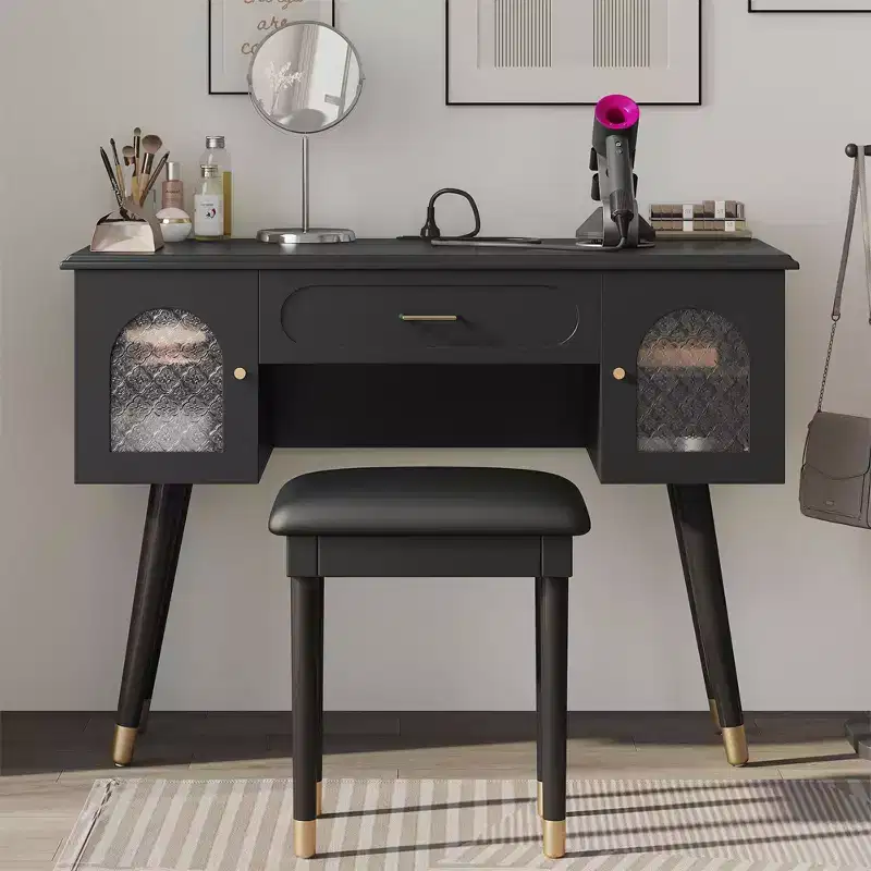 GDFStudio Terry Modern Vanity Makeup Set with Faux Leather Stool, Charging Port and Glass Door
