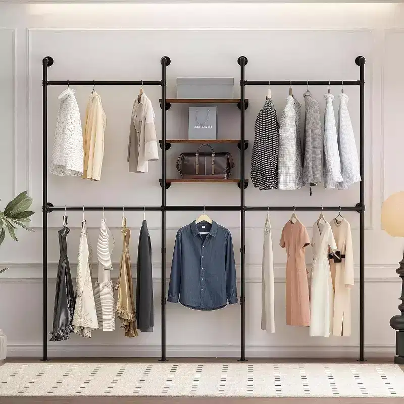 Wall-Mounted Industrial Pipe Clothing Rack with 3 Shelves – 85Hx81Wx12D