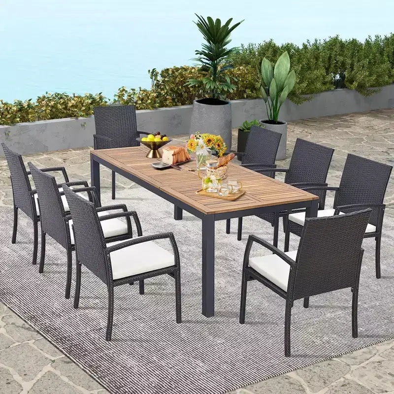 Costway 9 PCS Patio Rattan Dining Set with Acacia Wood Table, Cushions, 1.9 Umbrella Hole