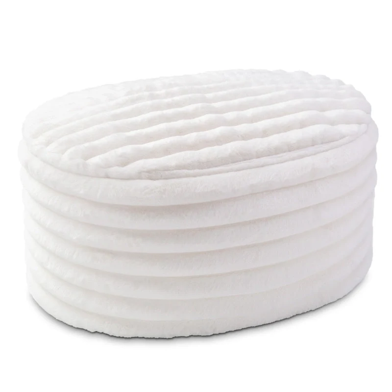 Large Plush Faux Fur Ribbed Pouf Ottoman - Cream